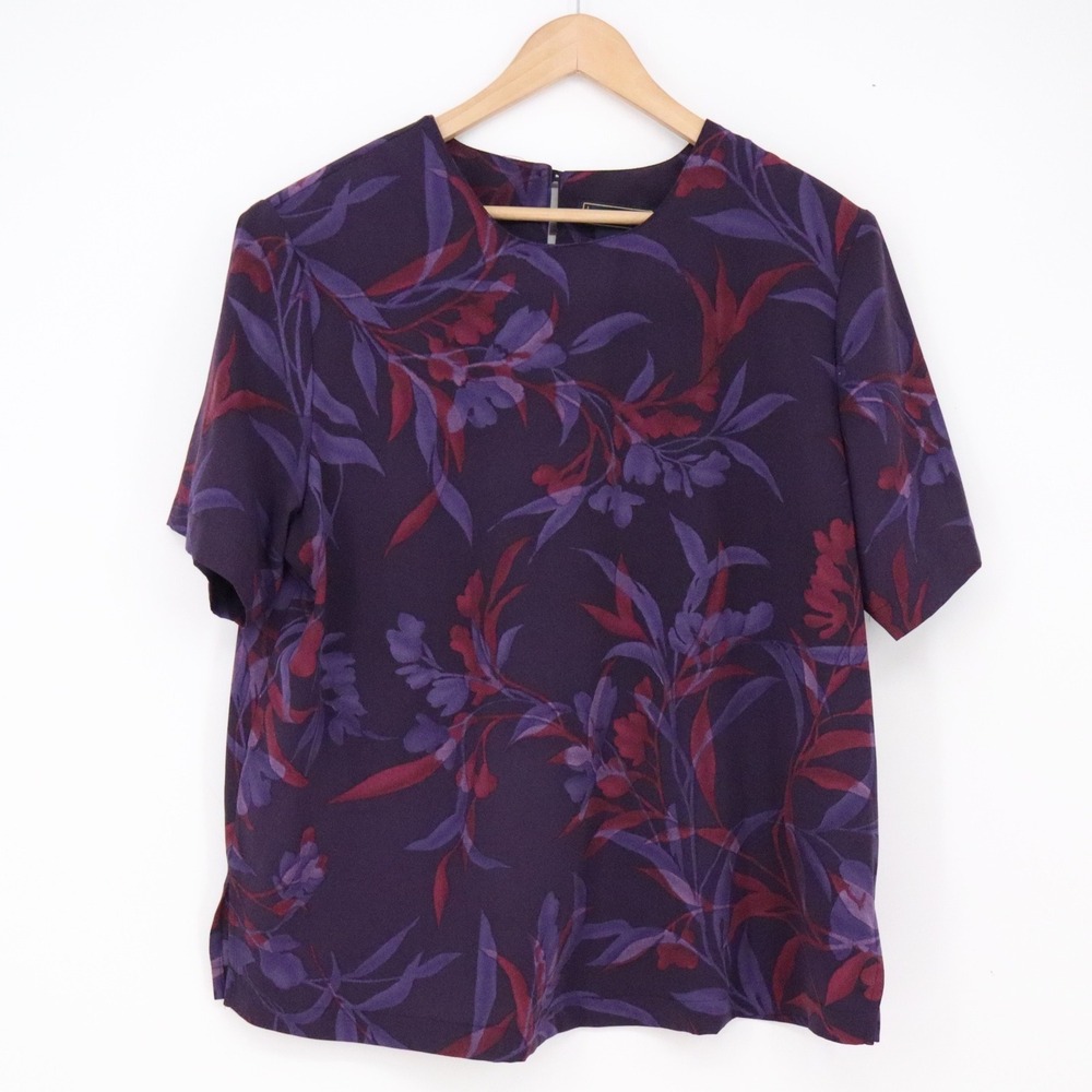 Laura Scott Blouse Womens 18W Plum Leaf Floral Purple Short Sleeve Vintage NEW